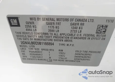 2011 Chevrolet Equinox Ls z USA, uszkodzony, nr VIN 2GNALBEC5B1166894